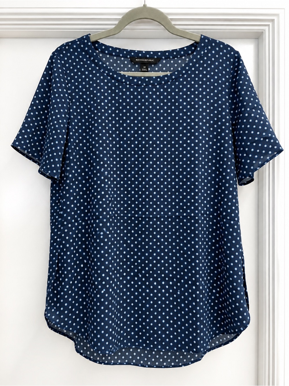 Banana Republic Navy and White Polka Dot Short Sleeve Blouse